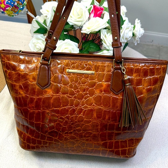 Brahmin Medium Asher Brown Crocodile-Embossed Tote Bag - Picture 1 of 17